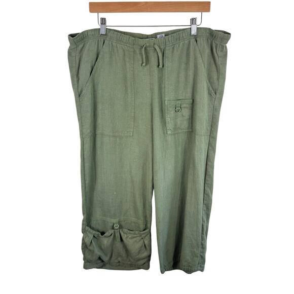 Chico's 100% Linen Green Drawstring High Rise Cropped Capri Lounge Pants Size L - Picture 1 of 7